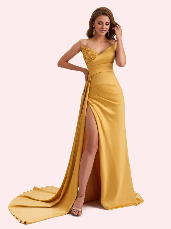 Robe Weitese sexy sirène col en V fente latérale sans bretelles robe longue en satin doux robe de demoiselle d'honneur pour robe de bal de mariage